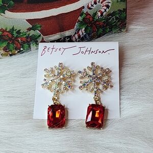 Betsey Johnson Gold Snowflake Earrings with Red Gem Drops